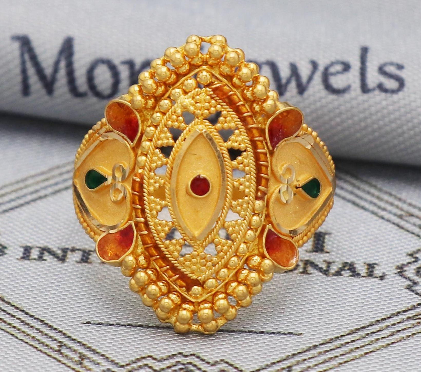 22k Gold Enamel Meena Ring, 22kt Solid Gold Ring,