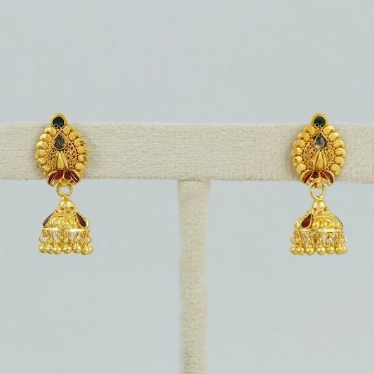 Intricate 22k Yellow Gold Dangle Jhumka Earrings Handmade Jewelry for Gift, K4506