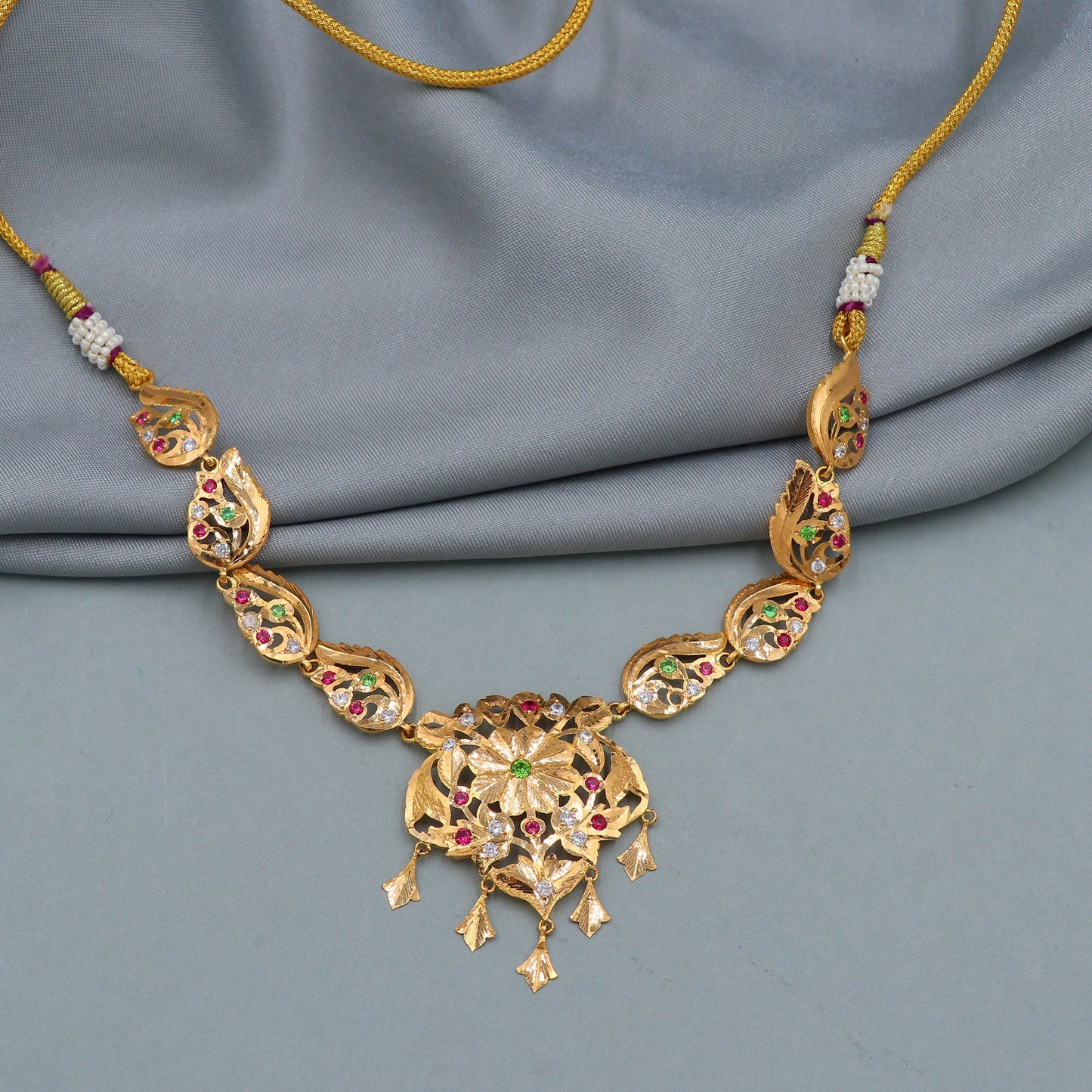 22k Necklace Hand Carved Design Gold Necklace with adjustable Cord Thread