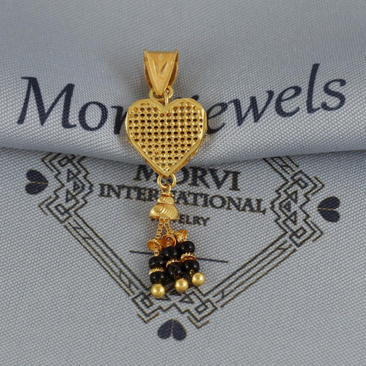Hand Crafted 22k Gold Pendant, Filigree Heart Design with Dangling Black Beads, Indian Handmade Jewelry for Women, Genuine Gold Locket K6809