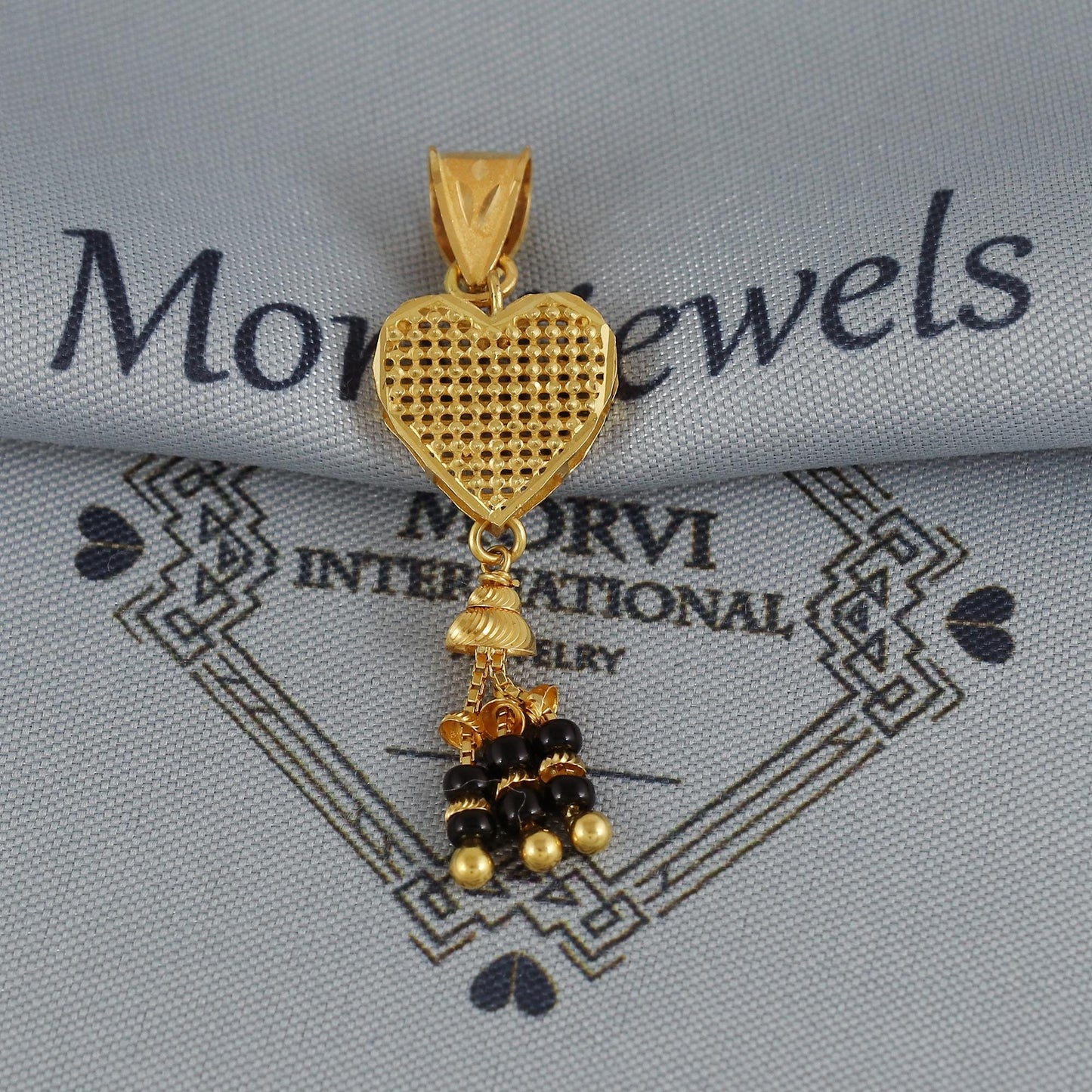 Hand Crafted 22k Gold Pendant, Filigree Heart Design with Dangling Black Beads, Indian Handmade Jewelry for Women, Genuine Gold Locket K6809