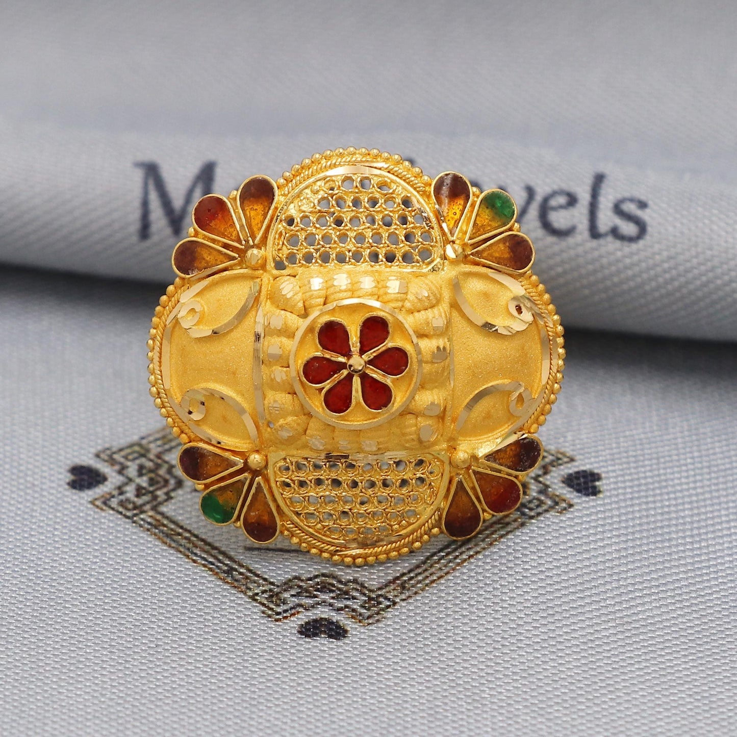 filigree 22k Gold Ring Handmade Jewelry, 22k yellow gold flower Ring, 22 karat Gold Ring, hand crafted Pure gold  Meenakari Gold Ring, K5889
