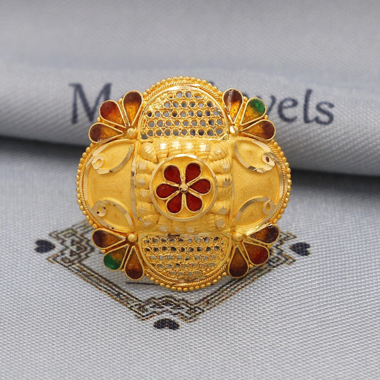filigree 22k Gold Ring Handmade Jewelry, 22k yellow gold flower Ring, 22 karat Gold Ring, hand crafted Pure gold  Meenakari Gold Ring, K5889