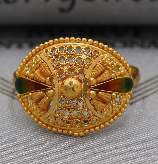 Women 22k Gold Dome Vintage Designer Unique New Gold Ring, Solid Gold 22k Ring, Rajasthani Indian Jewelry, Filigree Oval Shape Ring, K6119