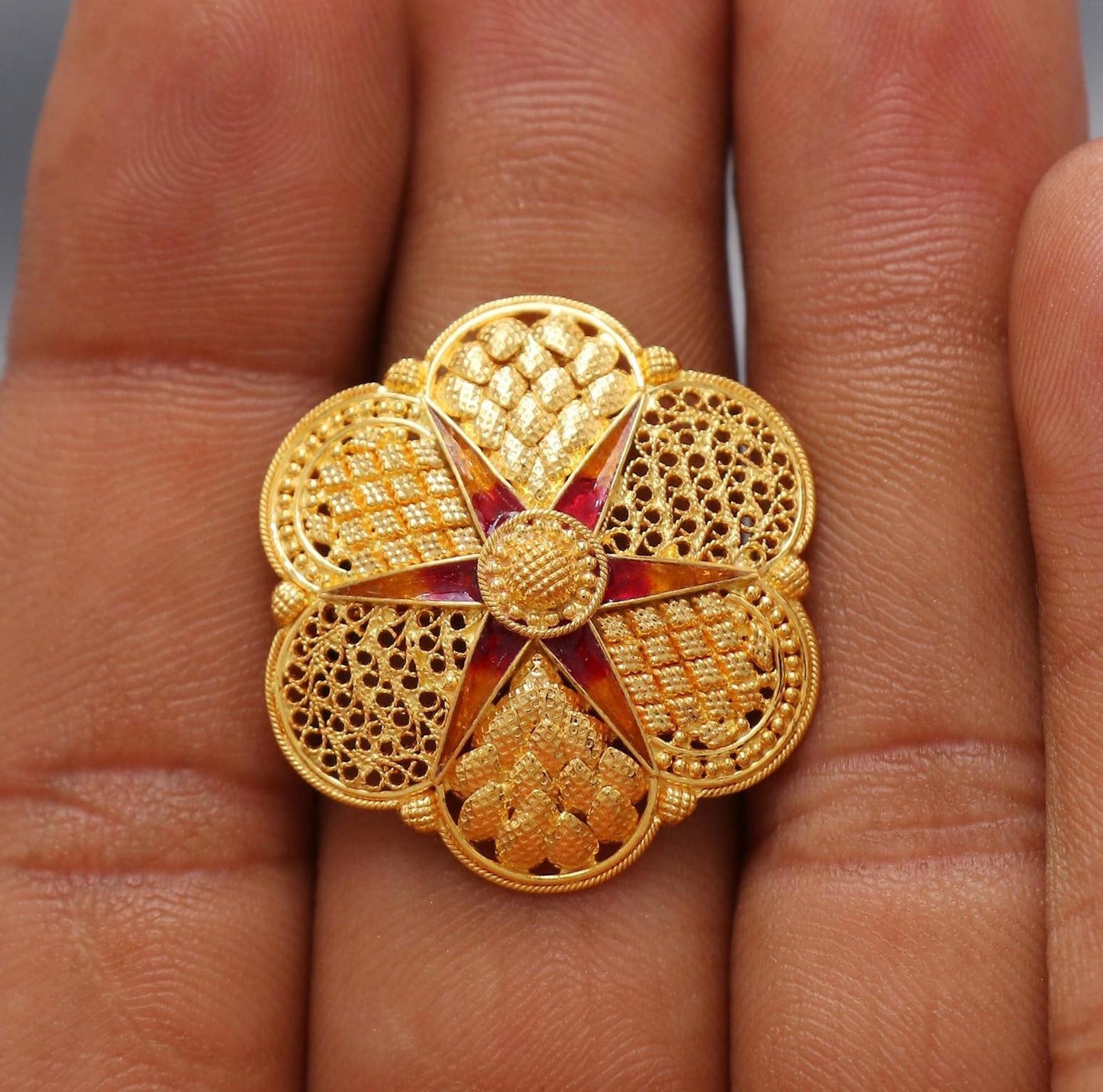 Red Enamel 22k Yellow Gold Ring, Women Gold Ring Jewelry, Indian Vintage Design Gold Ring, Filigree Wedding Gold Rajasthani Ring, K6620