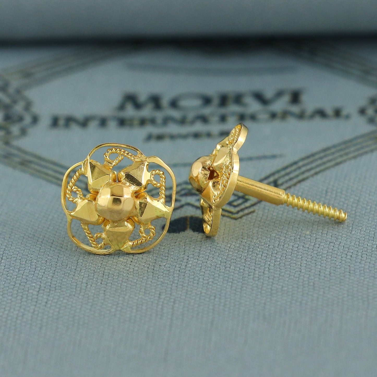 Rajasthani 20k Gold Earrings , Handmade vintage traditional solid gold earrings Indian jewelry, Small Flower Stud Jewelry