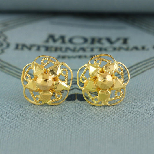 Rajasthani 20k Gold Earrings , Handmade vintage traditional solid gold earrings Indian jewelry, Small Flower Stud Jewelry