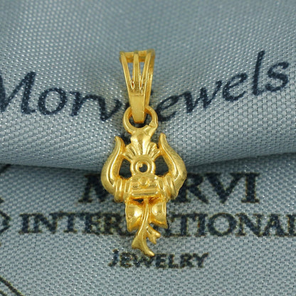 22k Yellow Gold Trishool Damroo Pendant: Indian God Trident Jewelry, Hindu God Shiva Light Weight Dainty Carved Locket amulet, K6826