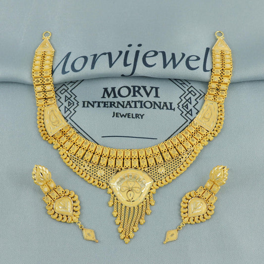 Indian Solid 22k Gold Necklace Earrings Set, Vintage Ethnic Gold Jewelry Set, Pure Real Necklace with Earrings Wedding Party Wear, K5809