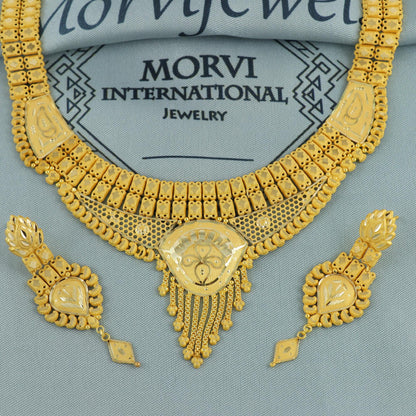 Indian Solid 22k Gold Necklace Earrings Set, Vintage Ethnic Gold Jewelry Set, Pure Real Necklace with Earrings Wedding Party Wear, K5809