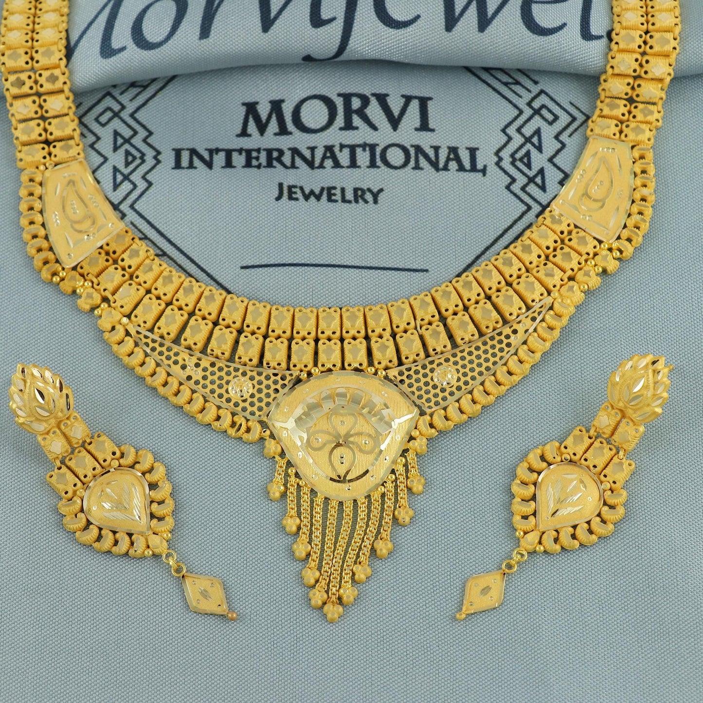 Indian Solid 22k Gold Necklace Earrings Set, Vintage Ethnic Gold Jewelry Set, Pure Real Necklace with Earrings Wedding Party Wear, K5809