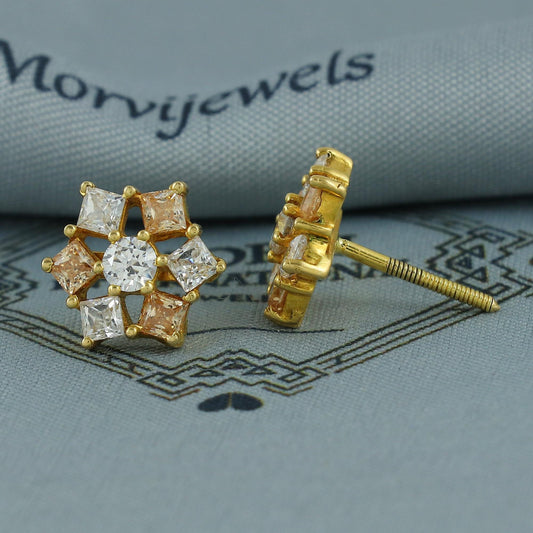 20k Yellow Gold Stud Tops Earrings, Handmade Yellow gold earrings for women, Indian Stone Gold Jewelry
