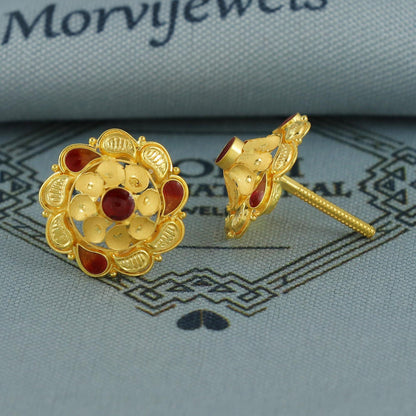 22k Gold Earrings Tops, Handmade vintage traditional solid gold earrings Indian jewelry, Small flower Stud Jewelry, K6838
