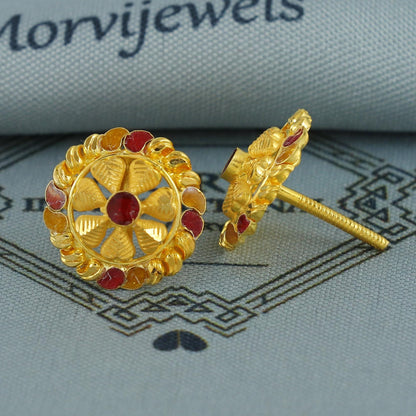 22k Gold Earrings Tops, Handmade vintage traditional solid gold earrings Indian jewelry, Small flower Stud Jewelry, K6839
