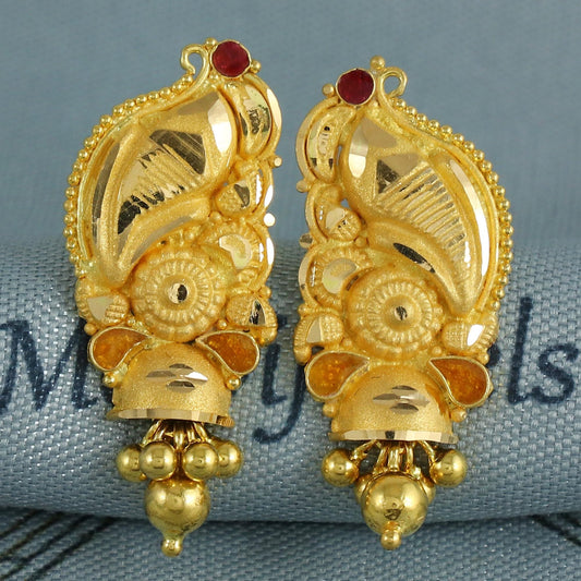 22k Yellow Gold Dangle Stud Tops Earrings Indian Jewelry with beads , Vintage Tribal Traditional handmade jewelry  Made In India, K6095
