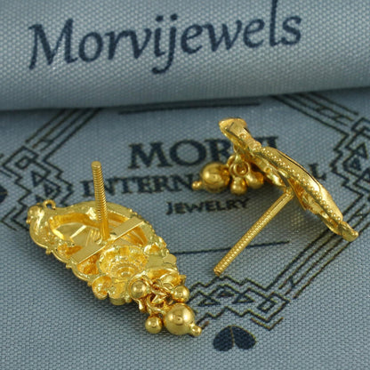 22k Yellow Gold Dangle Stud Tops Earrings Indian Jewelry with beads , Vintage Tribal Traditional handmade jewelry  Made In India, K6095