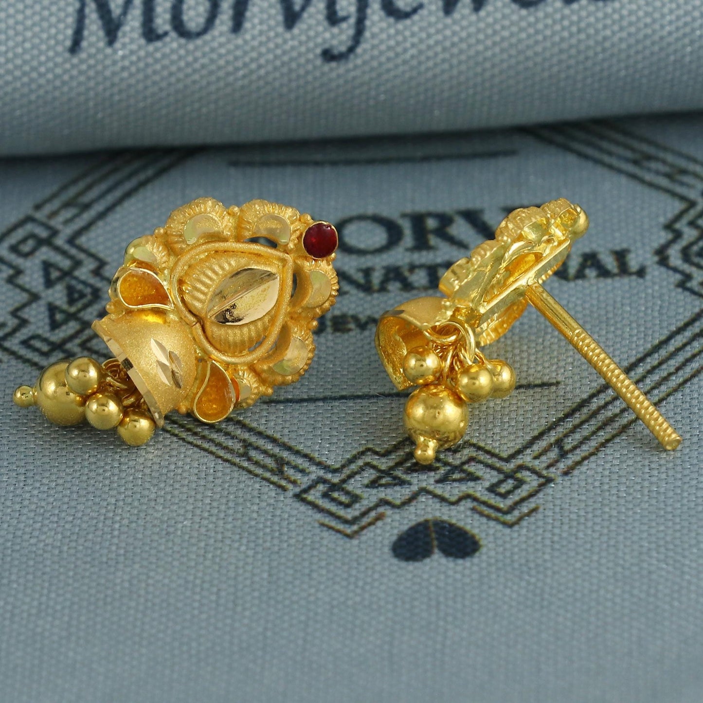 22k Yellow Gold Earrings Indian Jewelry with beads, Vintage Tribal Traditional handmade jewelry, K6849
