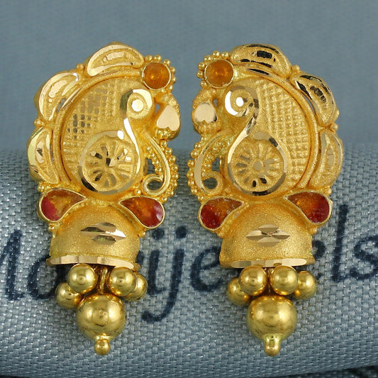 22k Yellow Gold Earrings Indian Jewelry with Hanging beads , Vintage Tribal Traditional handmade jewelry K6848