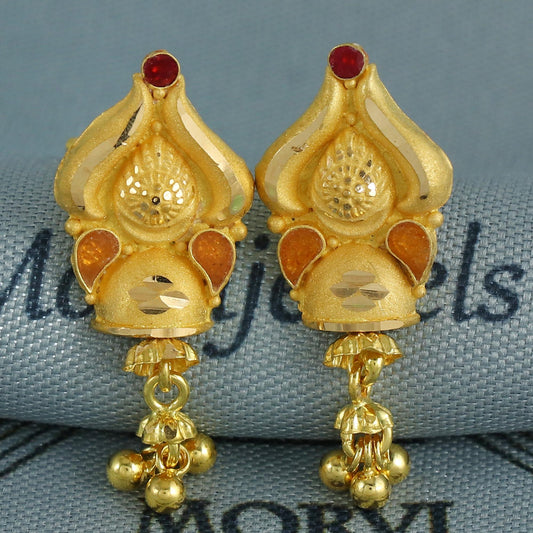 Wedding 22k Yellow Gold Earrings Indian Jewelry with hanging beads, Vintage Tribal Traditional Handmade Jewelry, K6845