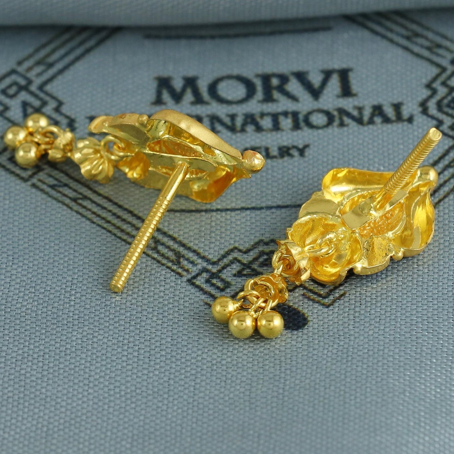 Wedding 22k Yellow Gold Earrings Indian Jewelry with hanging beads, Vintage Tribal Traditional Handmade Jewelry, K6845