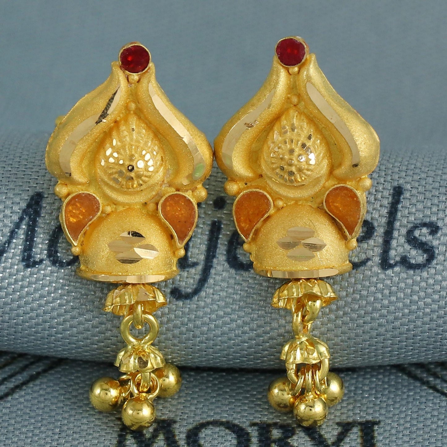 Wedding 22k Yellow Gold Earrings Indian Jewelry with hanging beads, Vintage Tribal Traditional Handmade Jewelry, K6845