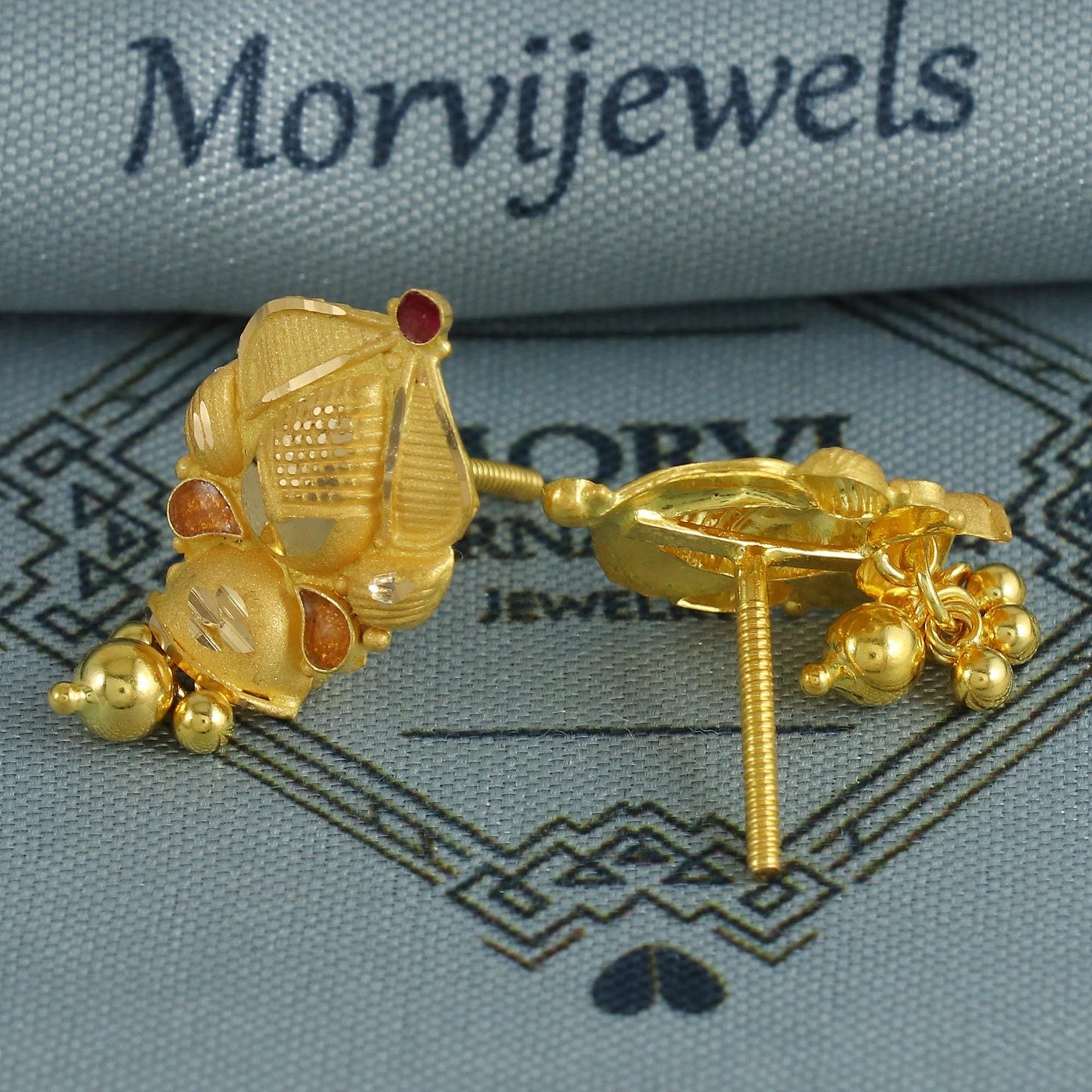 Hand Carved 22k Yellow Gold Earrings Indian Jewelry with hanging beads, Vintage Tribal Traditional Handmade Jewelry, K6850