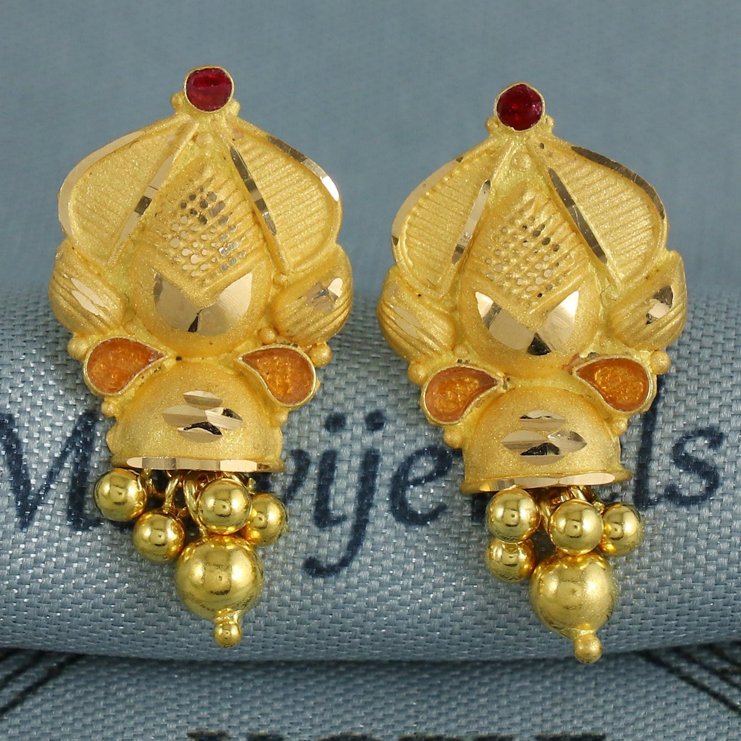 Hand Carved 22k Yellow Gold Earrings Indian Jewelry with hanging beads, Vintage Tribal Traditional Handmade Jewelry, K6850
