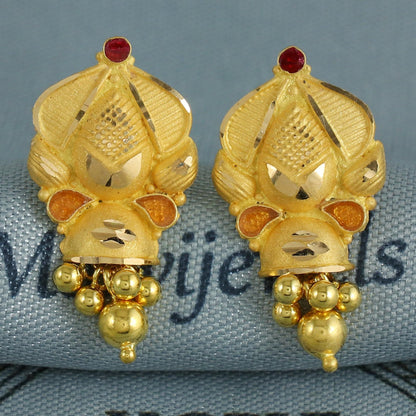 Hand Carved 22k Yellow Gold Earrings Indian Jewelry with hanging beads, Vintage Tribal Traditional Handmade Jewelry, K6850
