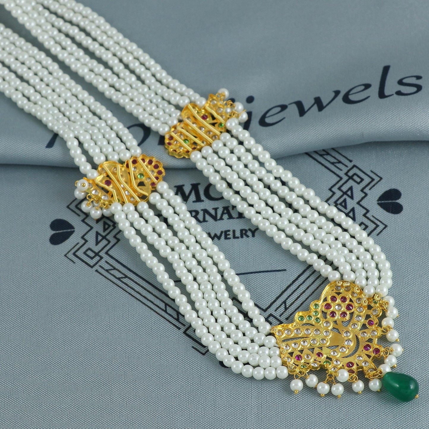 22k Gold Red Green Zircon Stone Pearl Gold Necklace Indian Handmade Jewelry for Gift