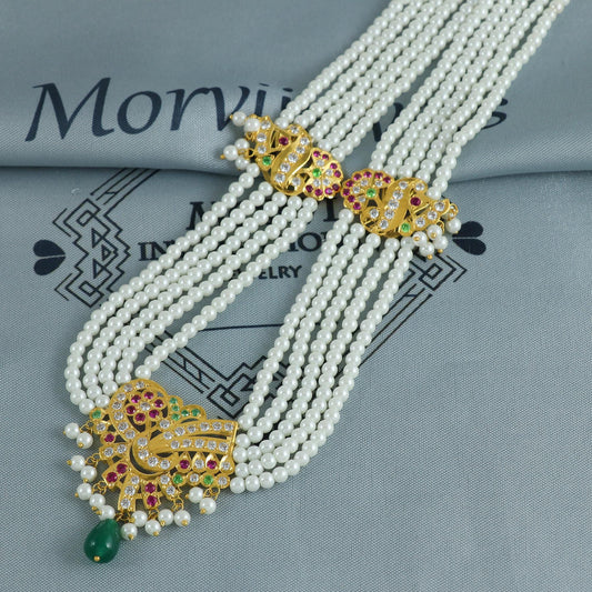 22k Gold Red Green Zircon Stone Pearl Gold Necklace Indian Handmade Jewelry for Gift