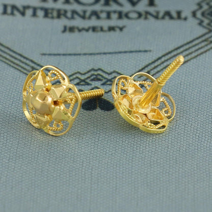 Rajasthani 20k Gold Earrings , Handmade vintage traditional solid gold earrings Indian jewelry, Small Flower Stud Jewelry