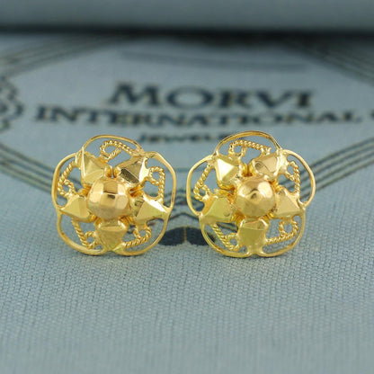 Rajasthani 20k Gold Earrings , Handmade vintage traditional solid gold earrings Indian jewelry, Small Flower Stud Jewelry