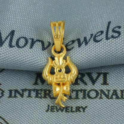 22k Yellow Gold Trishool Damroo Pendant: Indian God Trident Jewelry, Hindu God Shiva Light Weight Dainty Carved Locket amulet, K6826