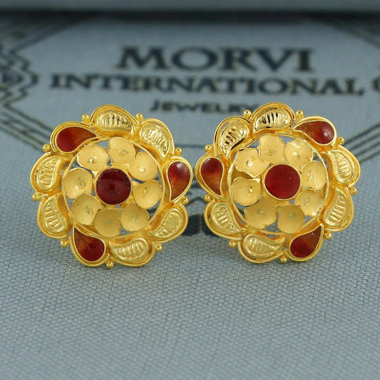 22k Gold Earrings Tops, Handmade vintage traditional solid gold earrings Indian jewelry, Small flower Stud Jewelry, K6838