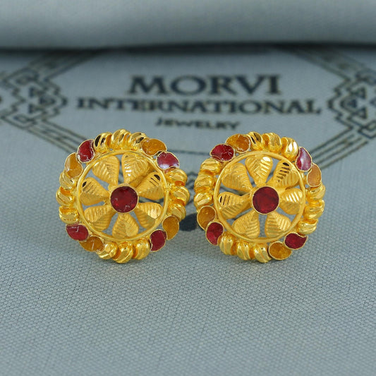 22k Gold Earrings Tops, Handmade vintage traditional solid gold earrings Indian jewelry, Small flower Stud Jewelry, K6839