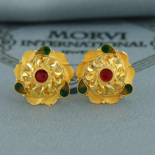 22k Gold Earrings Tops, Handmade vintage traditional solid gold earrings Indian jewelry, Small flower Stud Jewelry, K6841