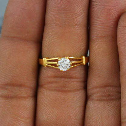 Handmade 22k Yellow Gold Ring Handmade Indian Ring, Cubic Zirconia Single White Stone Ring