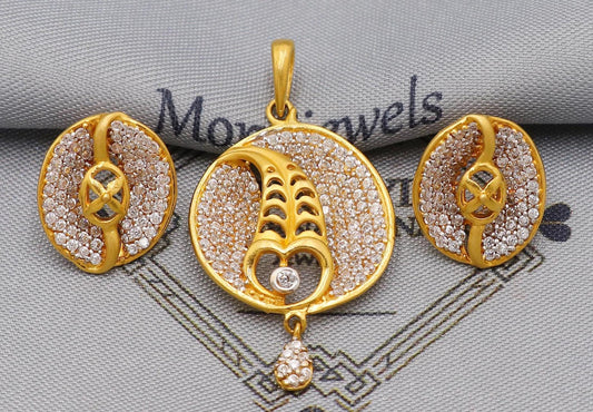 CZ 22k Gold Indian Pendant & Earrings Set: Handcrafted Women Handmade Gold Jewelry from India, K6224