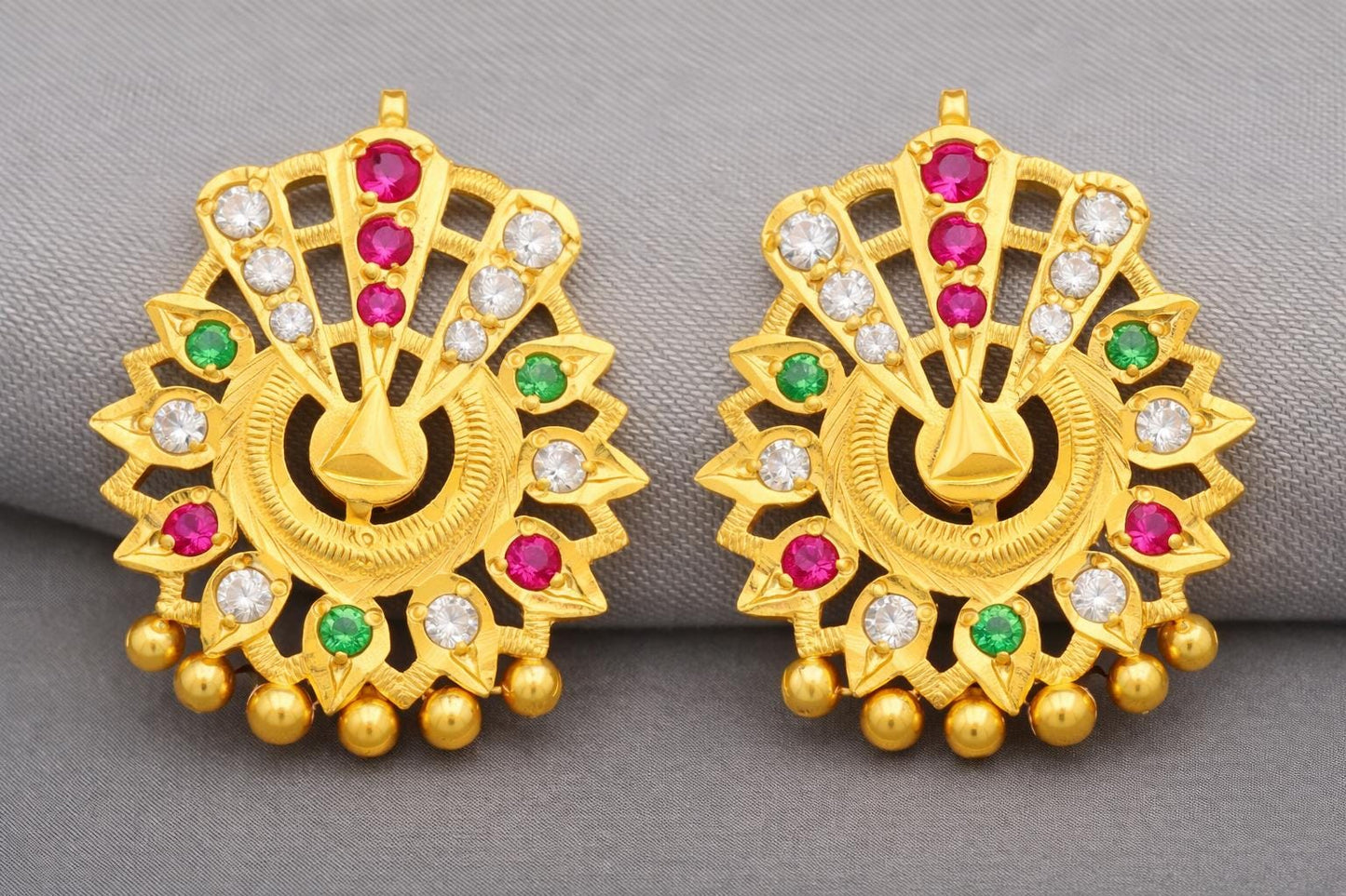 Peacock fan gold stud earrings, gold vintage handmade style earrings, K5298