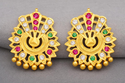 Peacock fan gold stud earrings, gold vintage handmade style earrings, K5298