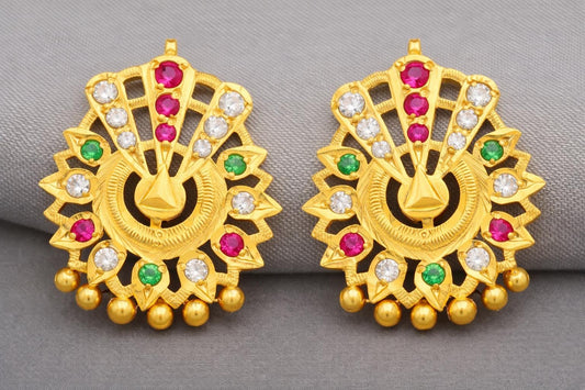 Peacock fan gold stud earrings, gold vintage handmade style earrings, K5298