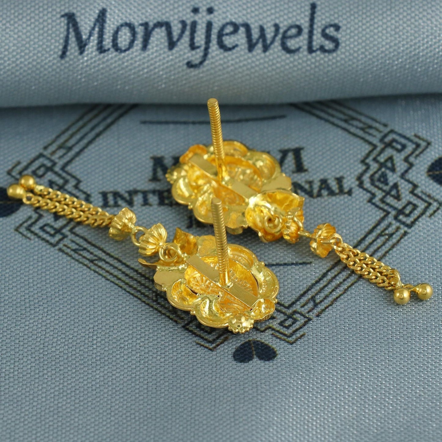 22k Gold Dangle Earrings Indian Jewelry with hanging chains, Vintage Tribal Traditional handmade Indian Jewelry, K6856