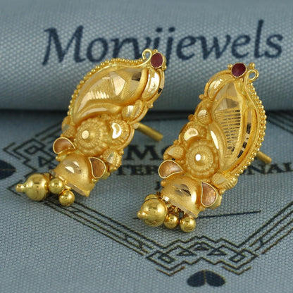 22k Yellow Gold Dangle Stud Tops Earrings Indian Jewelry with beads , Vintage Tribal Traditional handmade jewelry  Made In India, K6095