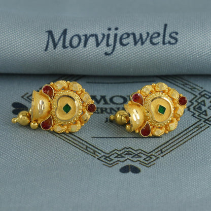 22k Yellow Gold Earrings Indian Jewelry with beads, Vintage Tribal Traditional handmade jewelry, K6847