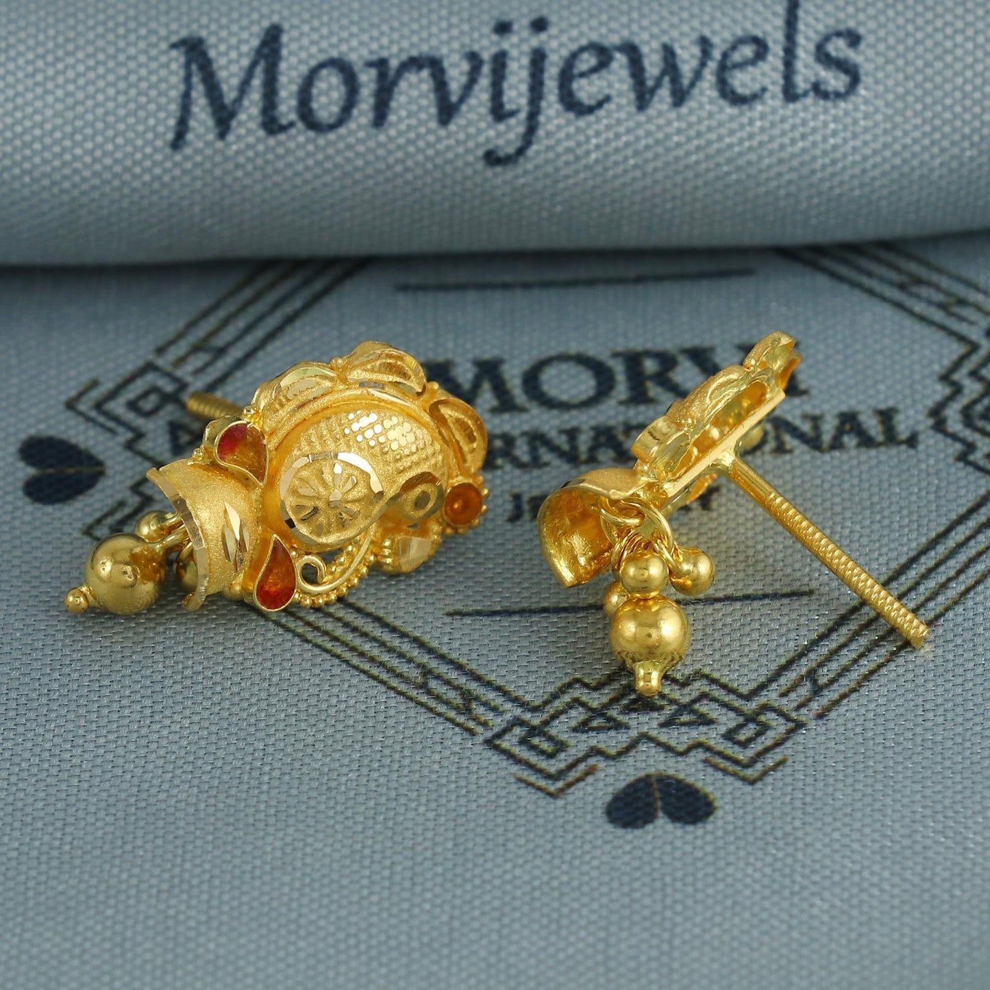 22k Yellow Gold Earrings Indian Jewelry with Hanging beads , Vintage Tribal Traditional handmade jewelry K6848