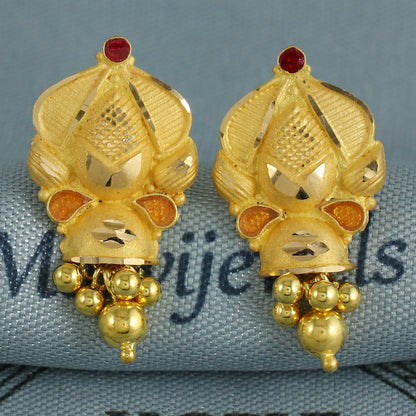 Hand Carved 22k Yellow Gold Earrings Indian Jewelry with hanging beads, Vintage Tribal Traditional Handmade Jewelry, K6850
