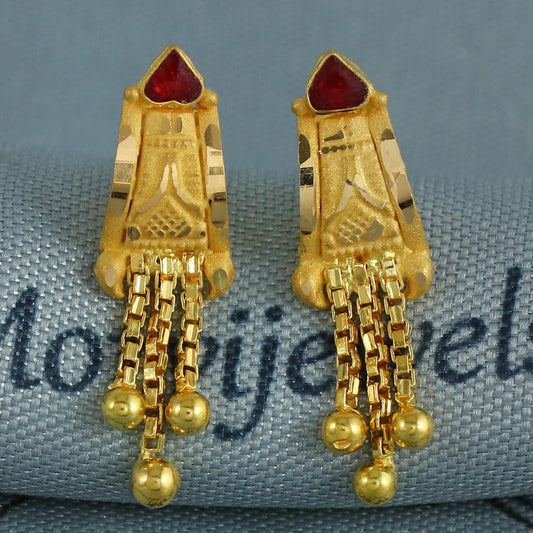 Hand Carved 22k Yellow Gold Earrings Indian dainty Jewelry with hanging beads, Vintage Wedding Traditional Handmade Jewelry, K6851