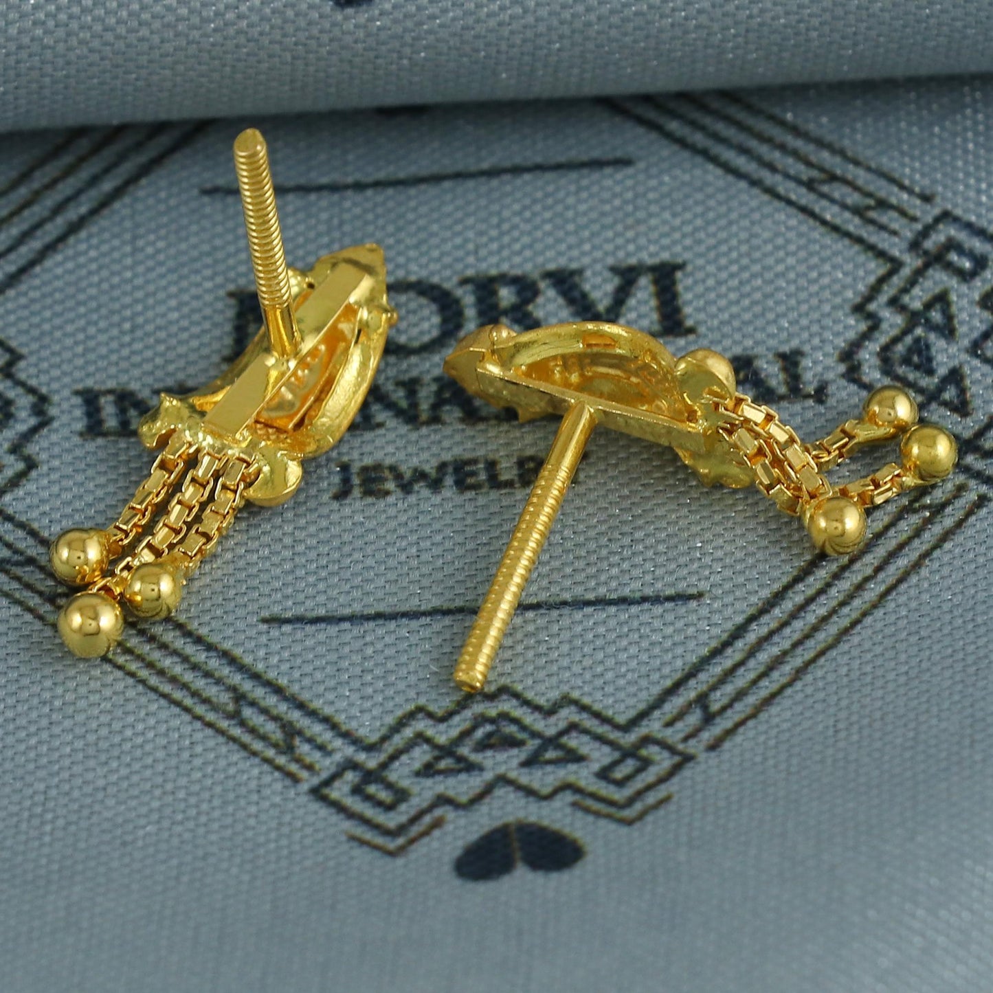 Hand Carved 22k Yellow Gold Earrings Indian dainty Jewelry with hanging beads, Vintage Wedding Traditional Handmade Jewelry, K6851