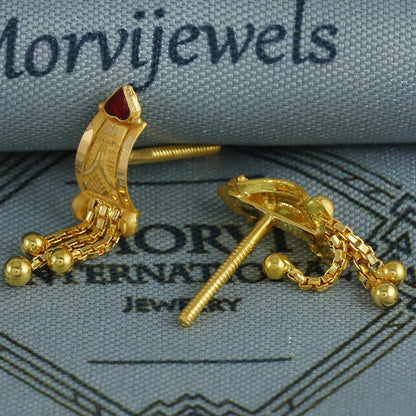 Hand Carved 22k Yellow Gold Earrings Indian dainty Jewelry with hanging beads, Vintage Wedding Traditional Handmade Jewelry, K6851