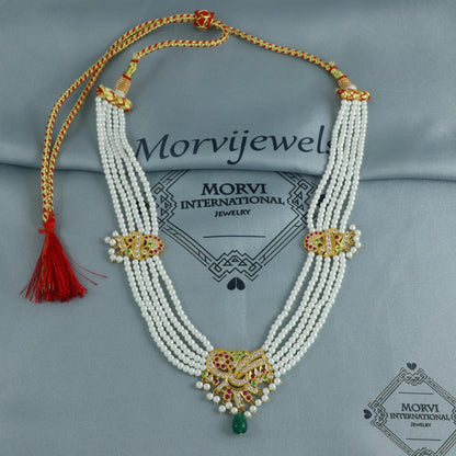 22k Gold Red Green Zircon Stone Pearl Gold Necklace Indian Handmade Jewelry for Gift